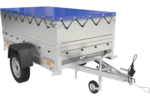 Gartenanhänger 200 Kipp mit Stützrad, zwei Seitenwänden, H-0-Rahmen und blauer Plane-Neu